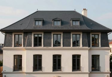 An exterior view of a completed building project in a European / French residential area. The facade and roofing are perfectly executed, reflecting expert craftsmanship and high-end finish.