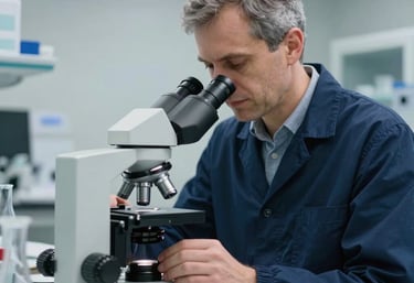 A professional portrait-style photograph of an international scholar working in a high-tech science lab. Clean, clinical lighting, focus on a microscope. Colors include light grey and navy blue, projecting academic rigor.