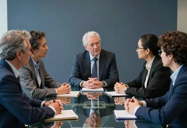 A group of diverse scholars sitting around a glass conference table in a modern boardroom. They are engaged in an active discussion, with dark blue and gray professional accents in the room.