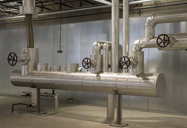 Insulated industrial steel pipes and valves in a modern mechanical room for HVAC or steam systems.