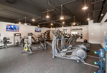 Modern apartment gym featuring elliptical machines, treadmills, stationary bikes, and strength training equipment.