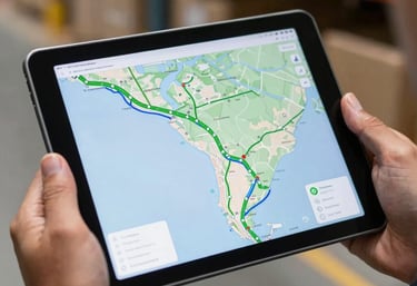 A detailed close-up of a digital tablet showing a logistics map with green and blue route lines, held by professional hands in a South American warehouse setting.