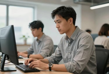 A professional North American male team member in business casual attire working in a bright coworking space, looking focused and efficient.