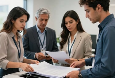 A diverse group of professional office workers in Latin America collaborating near a modern printing station in a bright, professional environment.