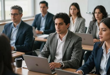 A group of professional Latin American business people engaged in a dynamic workshop, natural lighting, a collaborative and inspiring atmosphere, corporate style.