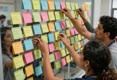 High-angle view of a workshop session where several people are placing colorful sticky notes on a glass wall, collaborative work in a Latin American center.