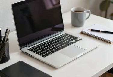 A clean, organized minimalist workspace with a laptop and professional stationery, soft natural daylight, reflecting South American modern business.