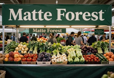 A wide shot of a bustling North American / US farmers market stall featuring Matte Forest Green signage and beautifully arranged local produce.
