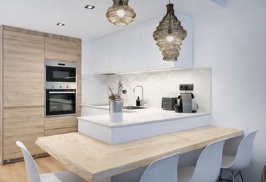 diseñadora de interiores en Val d’Aran cocina moderna con madera natural en reforma integral