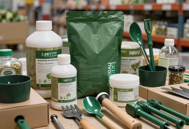 High-quality organic agricultural supplies and tools neatly organized in a clean warehouse setting, green and light brown color scheme, focus on quality.