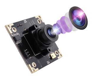 Compact digital camera module for electronics with integrated lens and circuit board on black background.