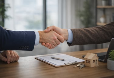 two people shaking hands over a desk