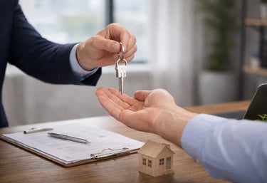 a man handing a keychaik to another person