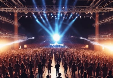 An artist performing on stage with a cheering audience under vibrant lights.