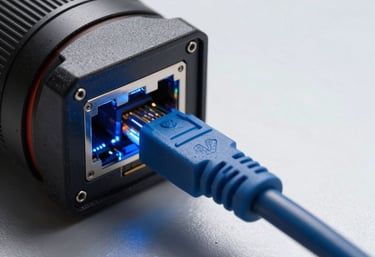 A high-speed networking cable plugged into a glowing blue port, symbolizing connectivity and speed.