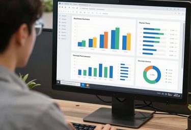 Close-up of hands typing on a keyboard with digital marketing graphs on the screen.
