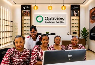 Professional Optiview Specialised Eye Clinic staff welcoming patients in a modern premium eye care e