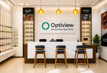 Modern optical boutique interior with designer eyeglasses at Optiview Specialised Eye Clinic Dodoma