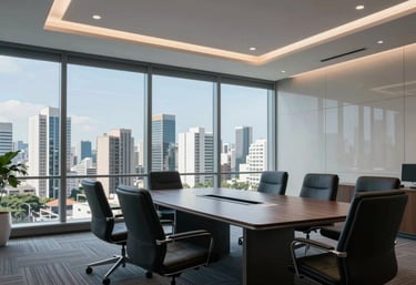 A high-tech executive meeting room with a panoramic view of a Brazilian city skyline, featuring modern furniture and soft blue and white lighting.