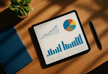 A top-down view of a modern desk with a tablet displaying a professional marketing report. Sunlight streaming in, royal blue notebook nearby, South American / Brazilian setting.