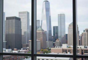A blurred background of a modern North American / International city skyline seen through a clean glass window with a steel blue grey frame.