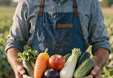 A North American farmer in a denim apron proudly displaying a basket of colorful heirloom produce, shot in a natural, authentic style with soft morning light.