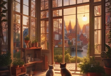 A warm, softly lit scene of a caregiver gently assisting an elderly person in a cozy living room with pastel pink and lilac accents.