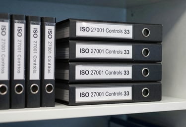Professional binders labeled 'ISO 27001 Controls' stacked neatly on a white shelf against a slate blue wall.