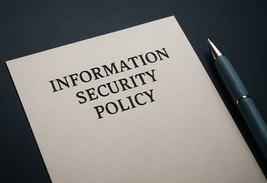 A close-up of a high-quality paper document with the heading 'Information Security Policy' on a dark navy desk. A dusty blue pen lies beside it.