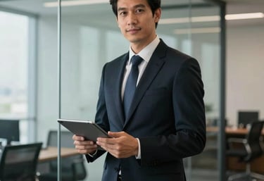 Professional Brazilian lawyer in formal attire standing in a modern office with glass walls, holding a digital tablet, looking confident.