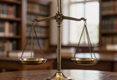 Detail of a scale of justice on a dark wood table with a blurry background of a South American / Brazilian law library, Soft White highlights.