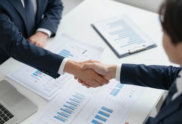 An aerial view of a meeting with three people shaking hands over blueprints and financial spreadsheets. Professional and clean, emphasizing trust.