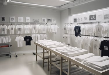 Photo of a creative workspace with colorful sublimation prints and personalized mugs.