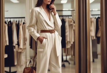 A minimalist flat lay of elegant clothing and accessories on a white background.