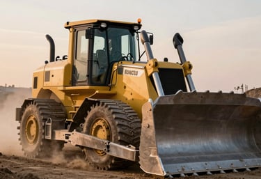 A powerful Komatsu bulldozer moving earth on a large-scale infrastructure project, dust in the air, sunset lighting, industrial power.