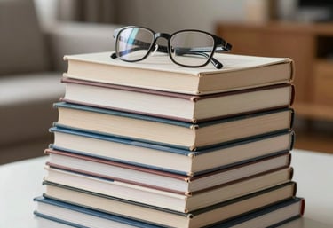 A pile of books and journals on a clean desk with a pair of spectacles resting on top. The background is a soft, out-of-focus Southeast Asian living room.