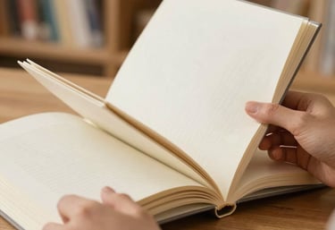 Close-up of a person's hands flipping through the pages of a high-quality journal. The paper is thick and off-white. Background is a warm, clean home library.