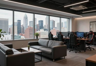 A clean, modern open-concept lounge area in a North American gaming company, featuring sleek furniture and large windows overlooking a city skyline.