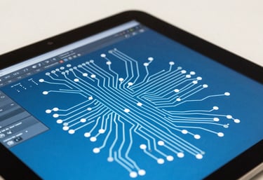A close-up of a tablet screen showing an intricate electrical circuit design software, bright sky blue interface, set against a clean off-white background.
