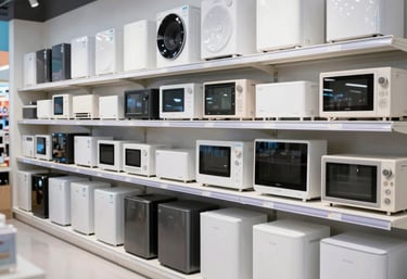 Cozy showroom interior displaying a variety of furniture and electronics under warm lighting.