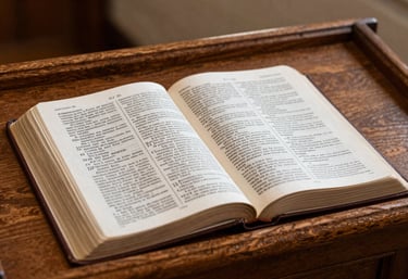 A macro shot of an open Bible resting on a wooden lectern in a sunlit chapel. The paper is delicate and the text is sharp, symbolizing tradition and theological study in a North American setting.