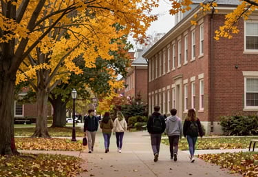 An outdoor shot of a campus path in a North American college setting during autumn. Golden leaves frame a view of students walking between traditional brick buildings.