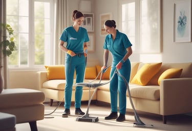 Smiling professional cleaner tidying a modern living room with natural light.