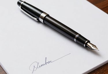 A detailed photograph of a professional fountain pen resting on a signed legal document on a mahogany desk in an Australian law firm. The light is clean and suggests authority and integrity.