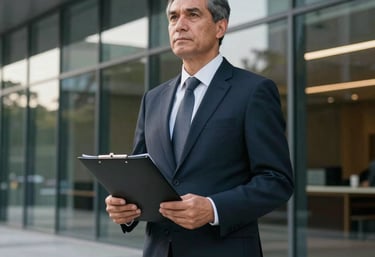 A sophisticated Oceania / Australian professional standing in front of a modern glass facade, holding a legal folder, embodying authority and readiness for trial.