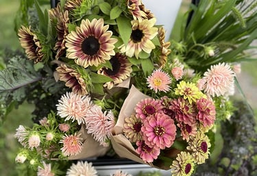 Beautiful bouquet of mixed flowers, gold and pink
