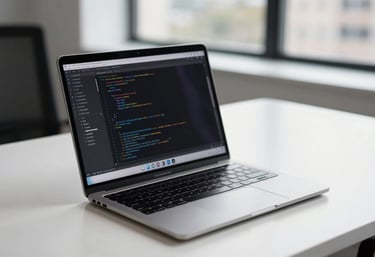 A high-quality photography shot of a sleek, modern laptop on a white desk in a minimalist North American office. The screen shows professional code editing software, with blurred city views in the background.