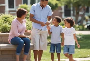 A warm gathering of diverse community members sharing smiles and support in a sunlit temple hall.