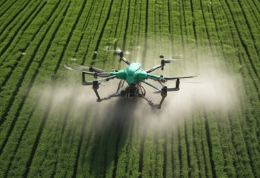 Agricultural drone flying over a vast green field spraying crops with precision.