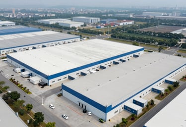 Aerial, clean-cut view of a modern logistics complex with white and blue accents, representing the scale of operations.